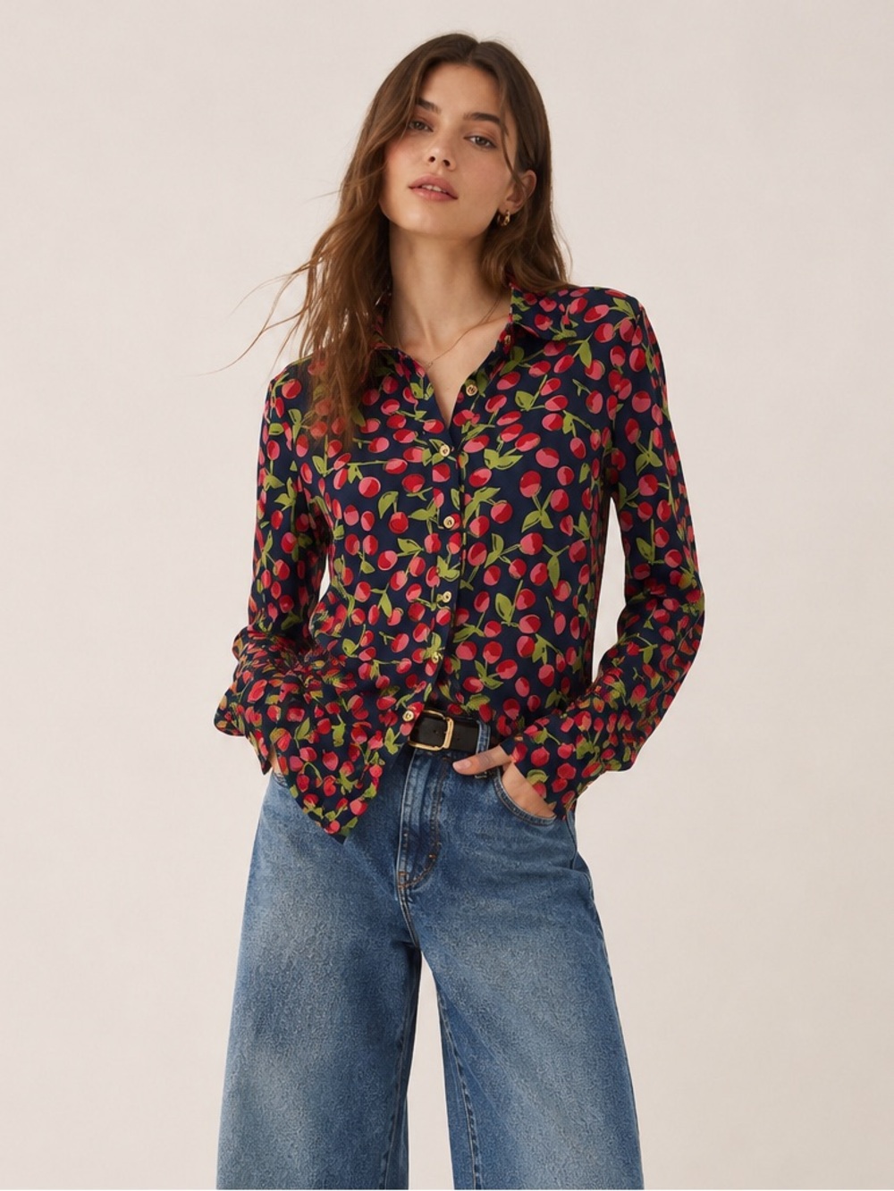 Tory Burch Silk Cherry Button Down Blouse Medium Whimsy Chic Preppy Maximalism